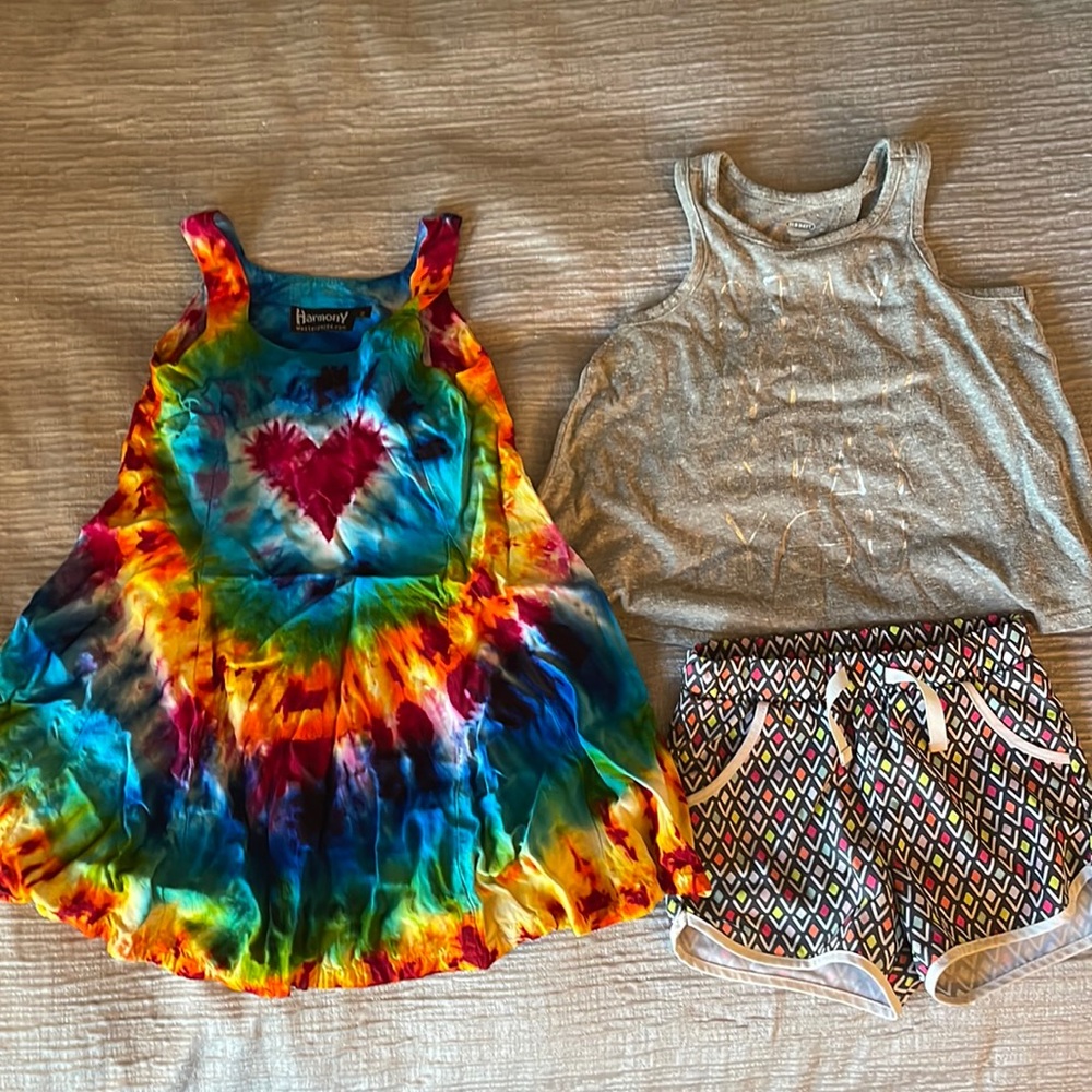 2T tie-dye Dress by masterpieces.com, t-shirt “ stay wild stay you“ & shorts